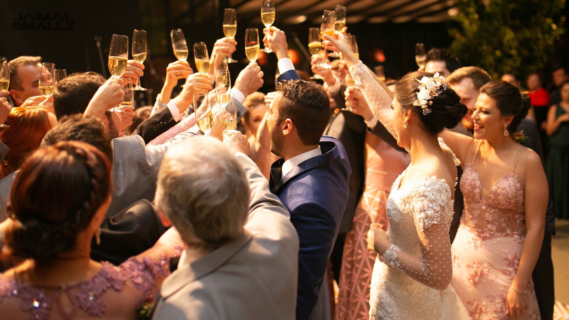 Guests raising champagne glasses in a toast at a Chicago wedding DJ reception